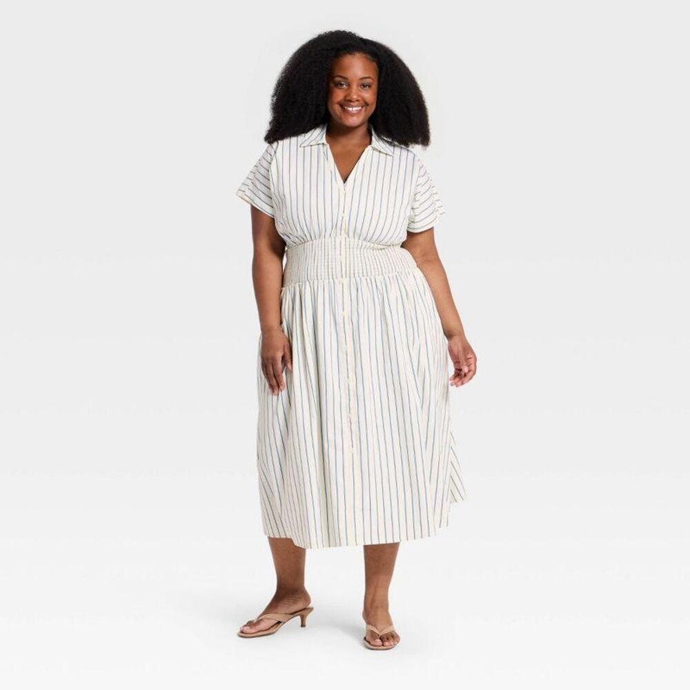 Women's Plus Dolman Short Sleeve Maxi Shirtdress - Cream/Blue Striped 1X